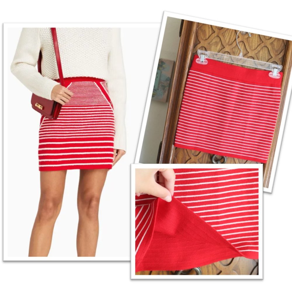 Sweater Knit Micro Striped Mini Skirt - Red/White, Size XS